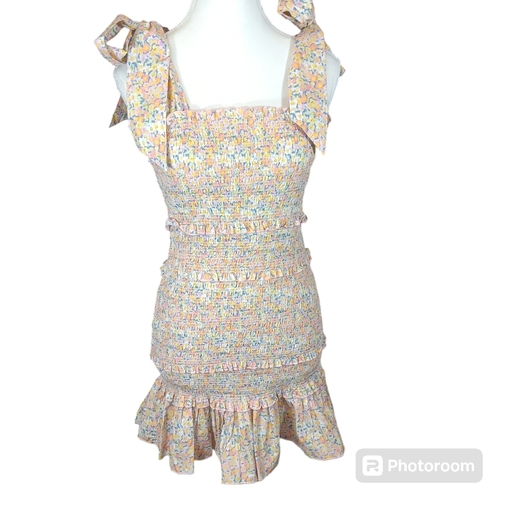 Mable Yellow Green Smocked Floral Tie Strap Mini Dress Size S NWOT - Picture 1 of 10